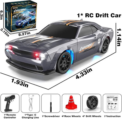 Mini RC Drift Car 1/43 2.4GHz RC Drift Cars with Gyro 4WD Full Proporitonal High Speed Remote Control Car with LED Lights and Drifting Tires Hobby Racing Cars for Adults Kids Boys Sliver
