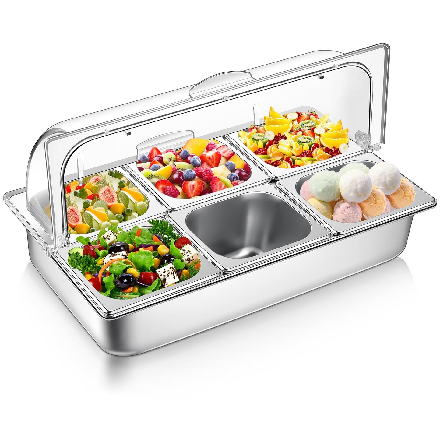 Ziliny 6 Pan Countertop Ice Food Serving Display Container with Clear Roll Top Cover, Stainless Steel Serving Tray Buffet Condiment Dispenser for Restaurant Hotel Kitchen Party