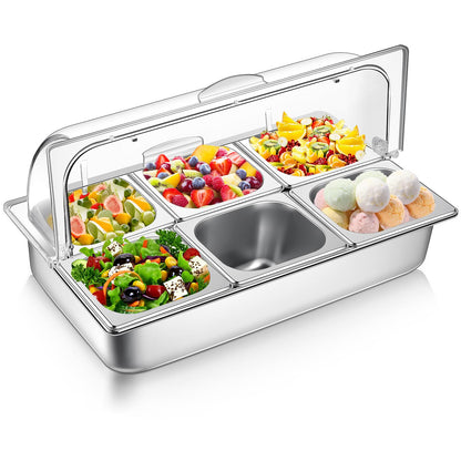 Ziliny 6 Pan Countertop Ice Food Serving Display Container with Clear Roll Top Cover, Stainless Steel Serving Tray Buffet Condiment Dispenser for Restaurant Hotel Kitchen Party