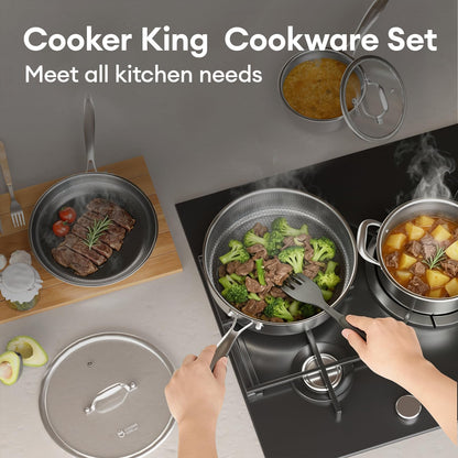 COOKER KING Non Stick Pots and Pans Set, 10pcs Hybrid Stainless Steel Cookware Set, Frying Pans, Saucepans, Saute Pan & Stock Pot, Non Toxic, Oven & Dishwasher Safe, Induction & All Cooktop Compatible