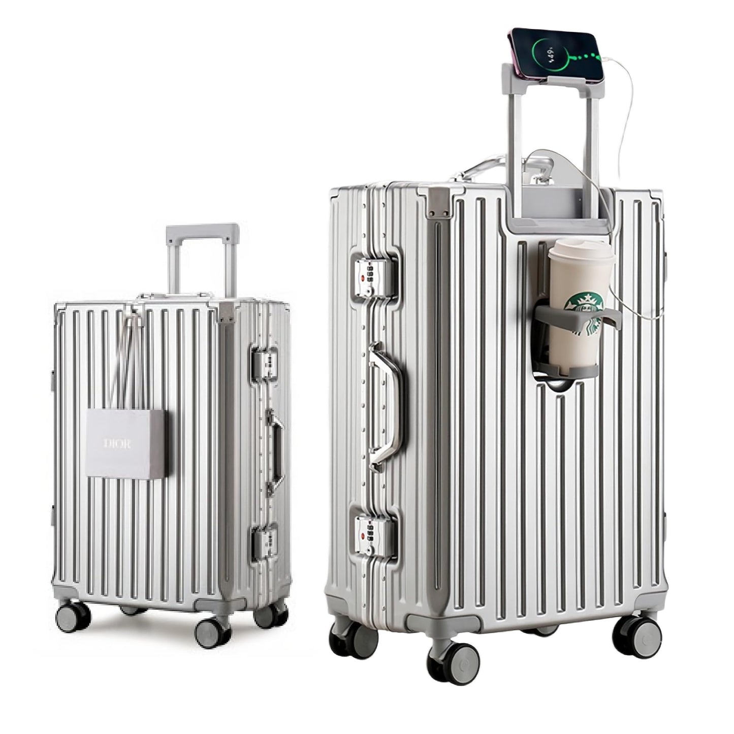 HotWay PC Hard Shell Checked Suitcase with Aluminum Frame, Luggage with Cup Holder and USB Port, Zipperless Luggage for Business Travel (Silver, Checked In 24Inch)