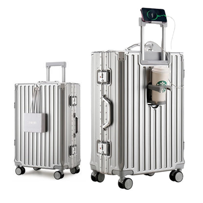 HotWay PC Hard Shell Checked Suitcase with Aluminum Frame, Luggage with Cup Holder and USB Port, Zipperless Luggage for Business Travel (Silver, Checked In 24Inch)