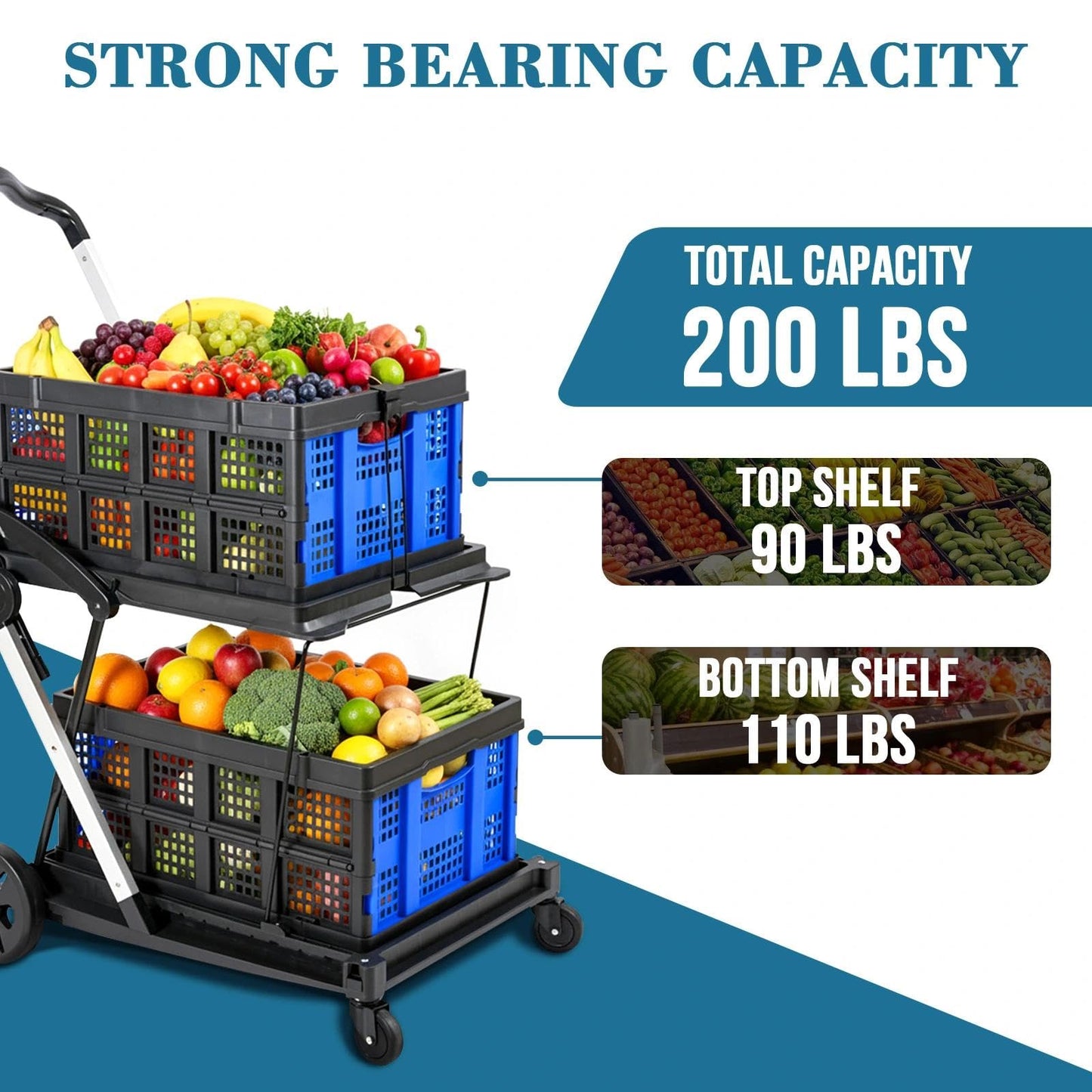 Collapsible Shopping Cart on Wheels, Folding Shopping Cart with 360° Swivel Wheels, Multi Use Utility Cart Adjustable Portable Trolley with 2 Storage Crate, Used for Picnic, Supermarket, Blue
