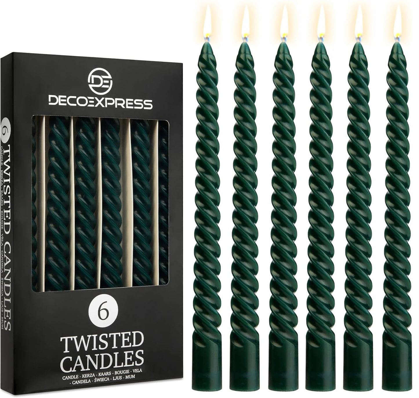 DECO EXPRESS Candles, Pack of 6 Dinner Candles, Non Drip Twisted & Non Scented, Long 6 Hours Burning Time, Cosy Home Decor, Birthday, Valentine’s Day & Mother’s Day Gift Idea (Green - Pack of 6)