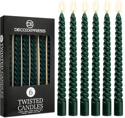 DECO EXPRESS Candles, Pack of 6 Dinner Candles, Non Drip Twisted & Non Scented, Long 6 Hours Burning Time, Cosy Home Decor, Birthday, Valentine’s Day & Mother’s Day Gift Idea (Green - Pack of 6)