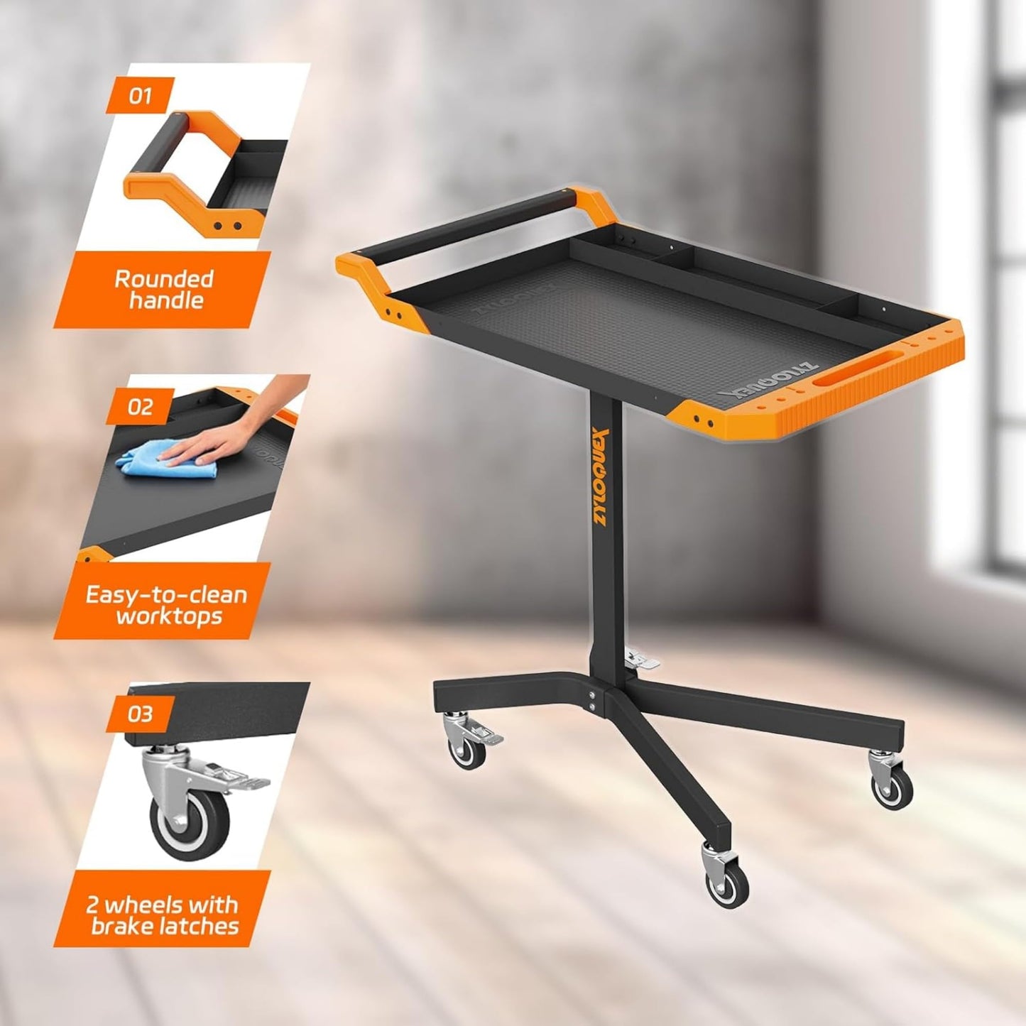 Adjustable Work Bench,Work Benches for Garage,Tool Cart On Wheels,Mobile Rolling Tool Cart 34” to 48” Heigh,Tool Bench with A Max Capacity of 110 lbs,Multi-Scene Work Table(Orange)