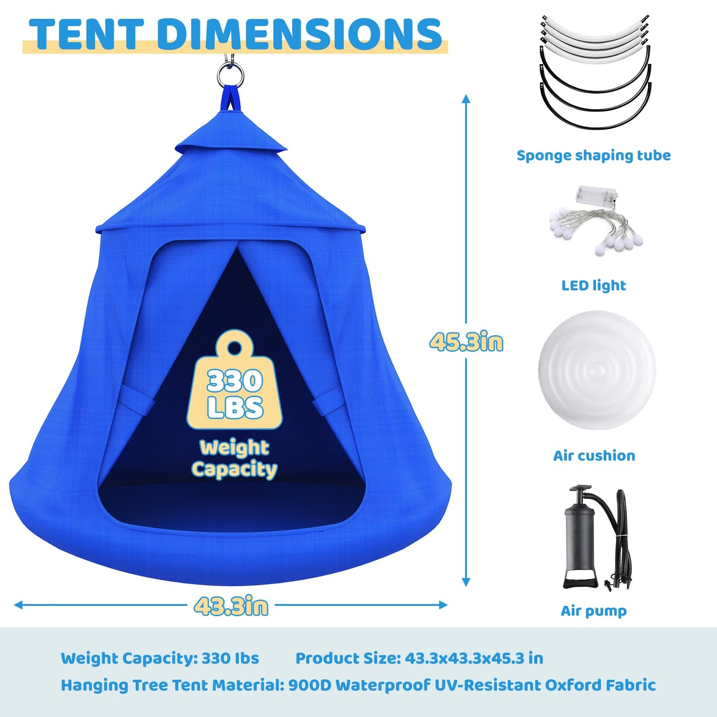 Swing Set with Tent Swing, X-Shaped Swing Frame with Sensory Swing, Metal 32mm Diameter Swing Stand with Tent Swing, 330 lbs Capacity, w/Rainbow Lights String, Indoor/Outdoor Use (Blue)