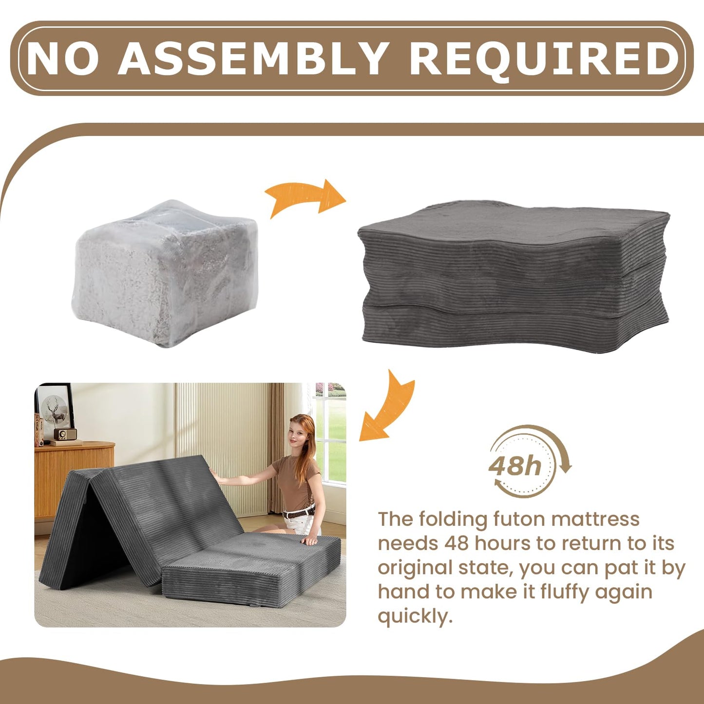 feliz home 6-Inch Tri-Folding Mattress Queen Size - Foldable Futon Sofa Bed with Removable Washable Cover, Folding Futon Mattress | Non-Slip Bottom & Carry Handles for Guest, Camping, Dorm