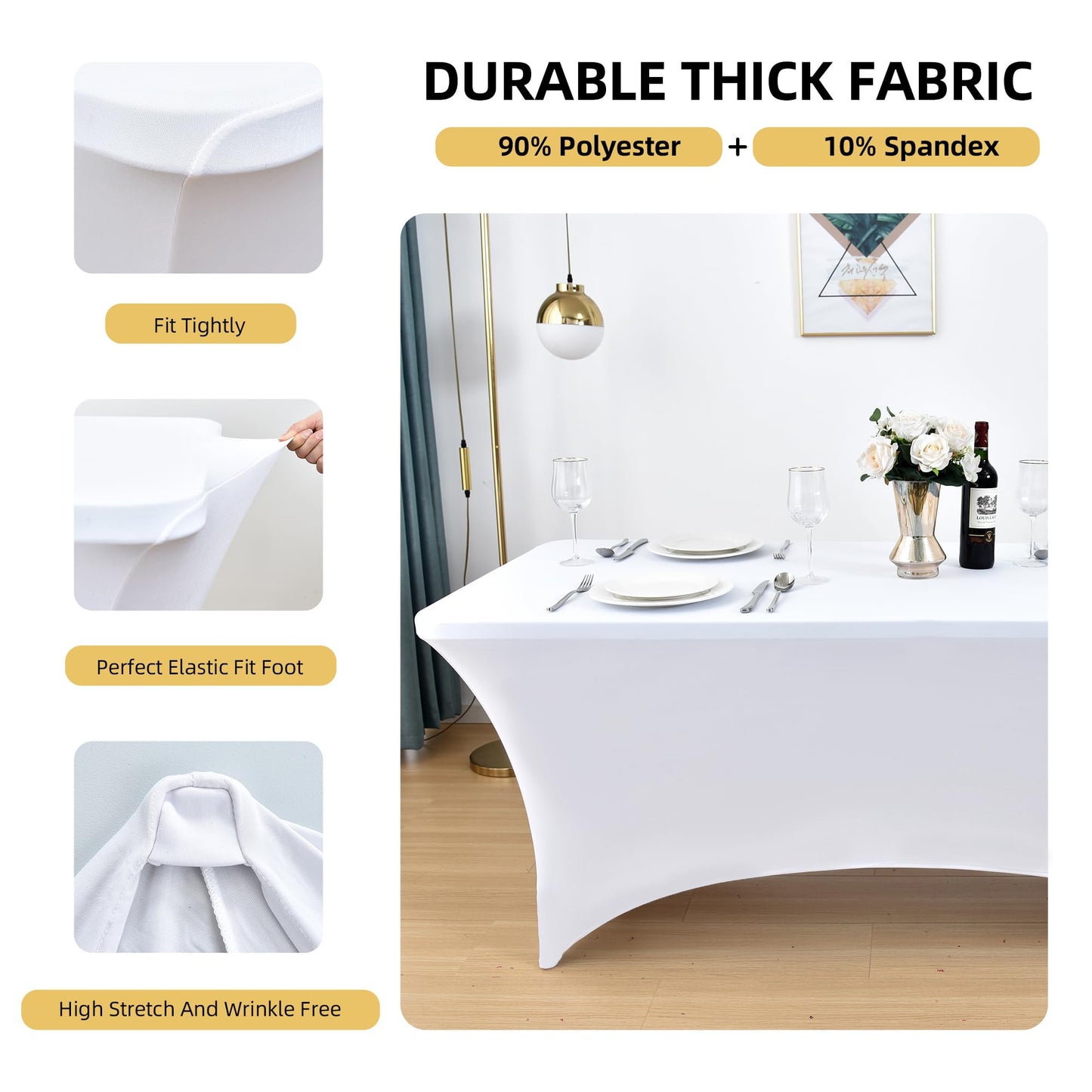 ZarzaaSik 10-Pack 6ft White Spandex Table Covers for Rectangle Standard Folding Tables - Wrinkle Resistant Stretch Tablecloths - Ultimate Fitted Table Protector for Parties, Banquet, Wedding