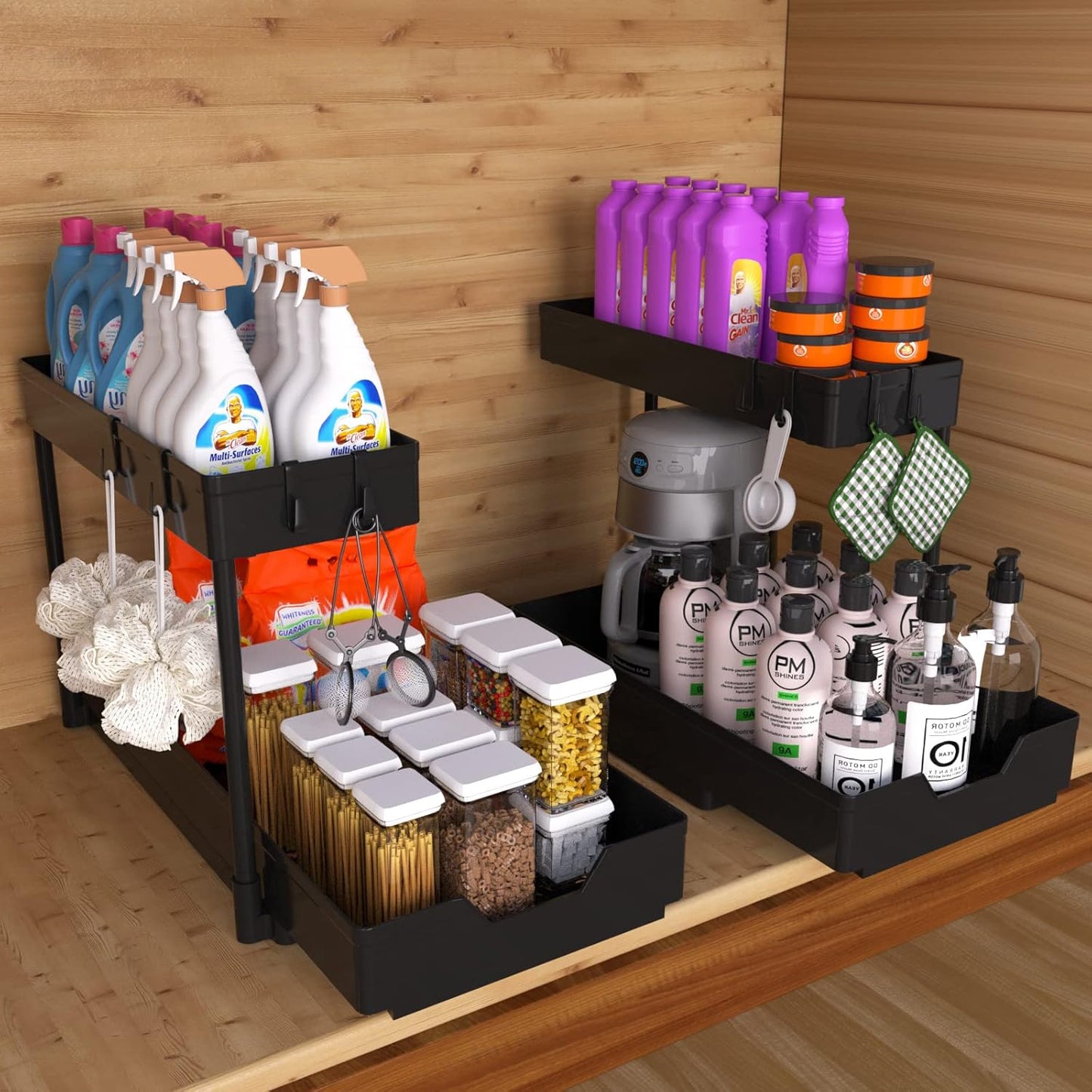 Nature's Source Under Sink Organizer - 2 Tier Sliding Storage Basket for Kitchen & Bathroom | Black