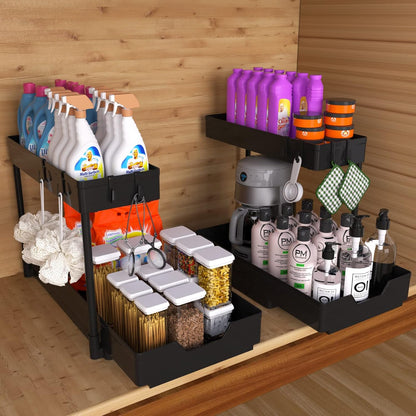 Nature's Source Under Sink Organizer - 2 Tier Sliding Storage Basket for Kitchen & Bathroom | Black