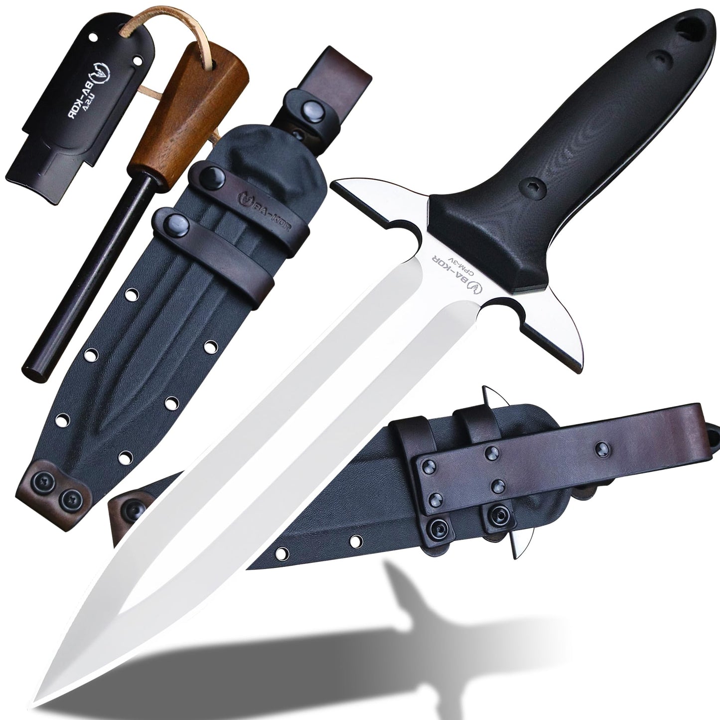 BA-KOR 14.4” Fixed Blade Hunting Knife, CPM 3V Steel Full Tang Survival Knife, 5mm Thick Mirror Polished Blade, G10 Handle, Leather Wrapped Kydex Sheath & 5.9” Fire Starter
