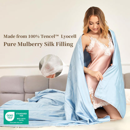 THXSILK All-Season Mulberry Silk Comforter & Blanket, 100% Pure Natural Silk Filling, Lightweight Soft Bed Cover for Bedroom, Sofa, Camping, Cozy Machine Washable Luxury Bedding(Queen 90"x90", Blue)