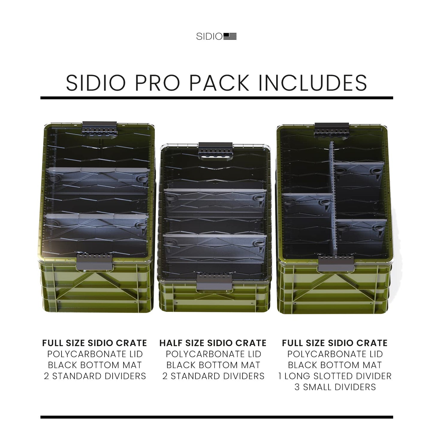 SIDIO Crate Pro Pack - 2 Full-Size & 1 Half-Size Heavy Duty Stackable Storage Bins, Totes and Containers with Lids and Dividers - Durable Plastic Organizer for Home, Office, Garage, and Outdoor Use