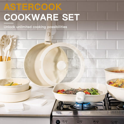 Astercook 23 Pcs Pots and Pans Set Non Stick, Ceramic Cookware Set Detachable Handle, RV Kitchen Cooking Set Removable Handles, Oven Safe, Induction Ready, Stackable, Cream, Fathers Day Gift for Men