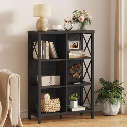 FATORRI 6 Cube Storage Organizer with Storage, Modern 4-Tier Bookshelf with X-Shaped Metal Frame, Black Wood Bookcase for Living Room, Home Office, Bedroom, Easy Assembly