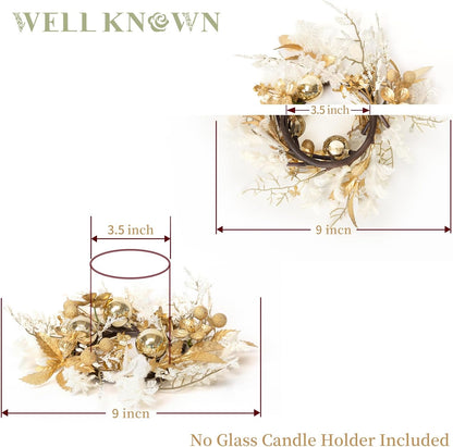 Skiennix 2 Pcs 9" Mini Golden White Floral Candle Rings - Elegant Home Decor for Pillars & Windows