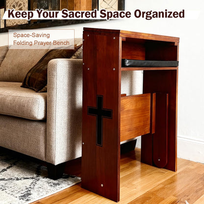 DOLEMODUO Wooden Prayer Kneeler with Storage Shelf & Cushion - Folding Prayer Bench for Home and Church, Comfortable Kneeling Devotional Pew Bench, 32" H x 22" W