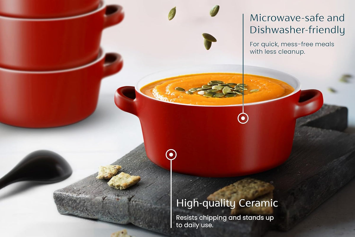 Kook Soup Crocks - Stackable Ceramic Bowls | Oven, Microwave & Dishwasher Safe | 18 oz Capacity, Set of 4 - Matte Red