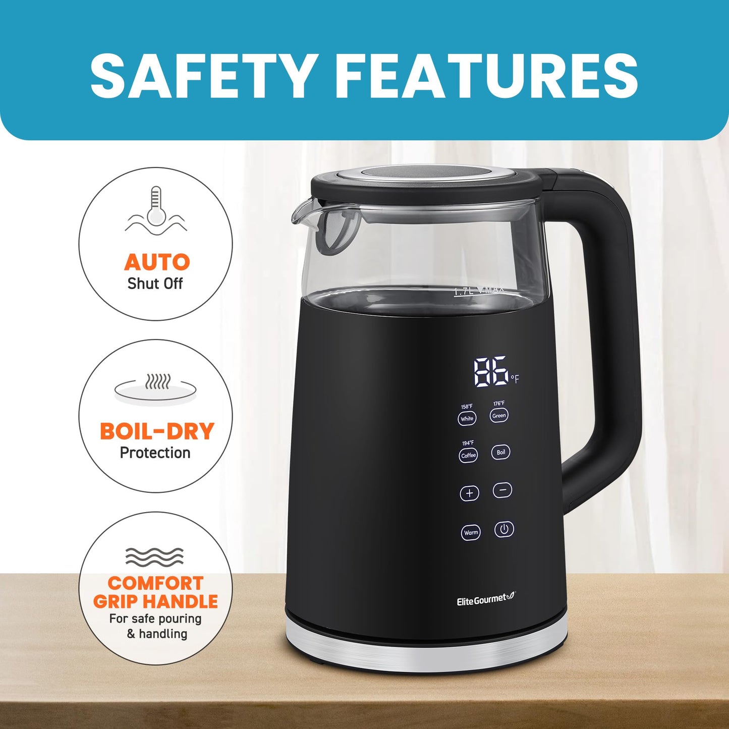 Elite Gourmet EKT8717 1.7L Dual Wall Cool Touch Electric Tea Kettle, Borosilicate Glass, 304 Stainless Steel Interior, Programmed Digital Touchscreen, Keep Warm, Auto Off & Audible Indicator, Black