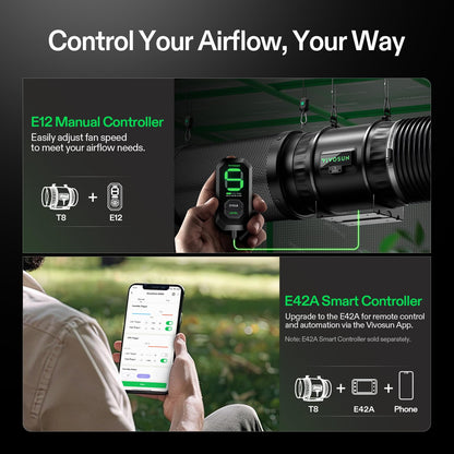 VIVOSUN T8 8" Inline Duct Fan & 3 Cycle Modes E12 Speed Controller, AeroZesh Grow Tent Kit Ventilation Fan with 832 CFM EC Motor, Programmable Exhaust Fan for Heating Cooling Booster, Hydroponics