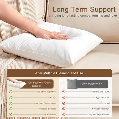 Organic Feather Down Lumbar Pillow Inserts - 100% Cotton Shell, Set of 2 (14x22 Inch) | Perfect for Couch, Sofa, and Bed