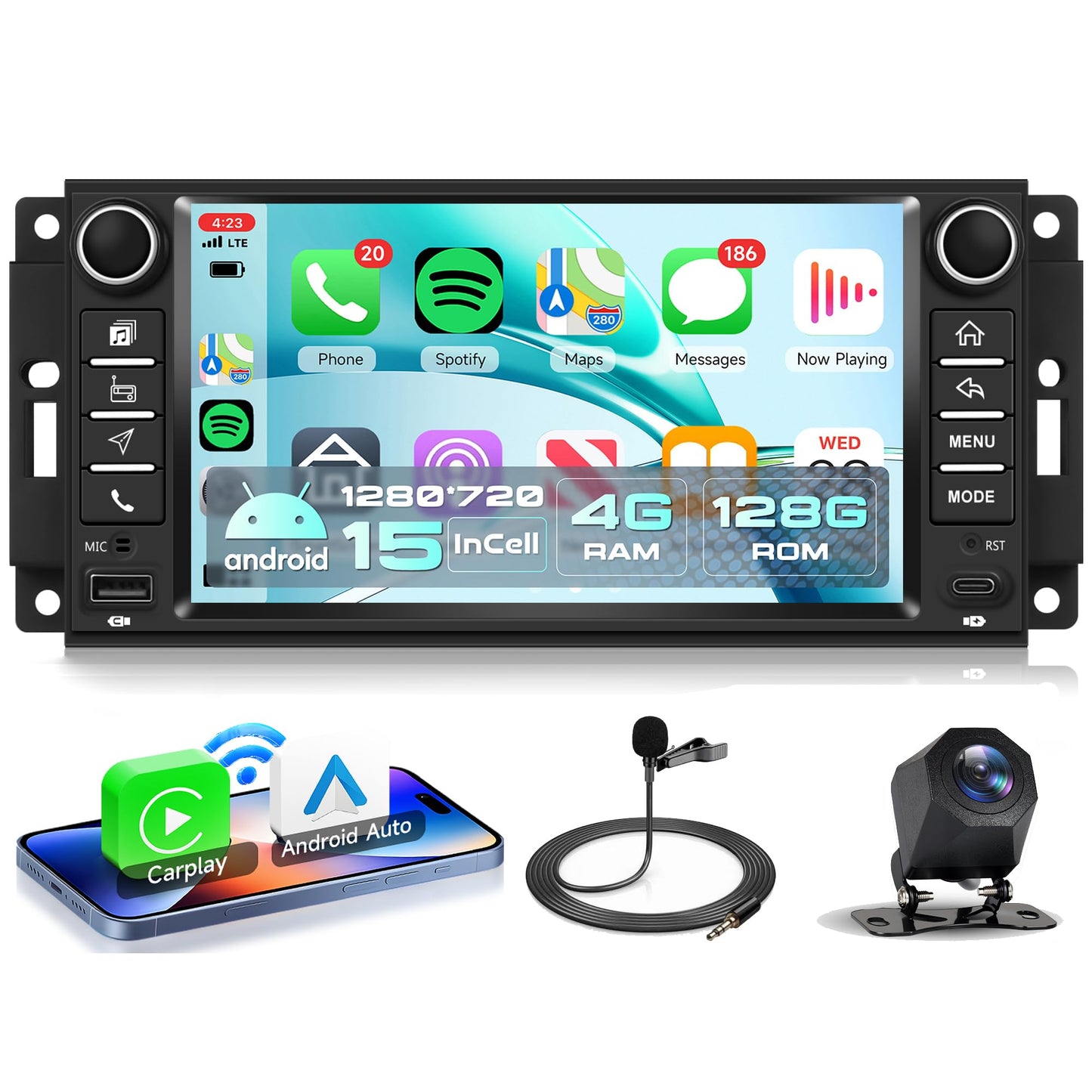 4Core 4G+128G Android 15 Car Stereo Radio for Jeep Wrangler JK 2007-2018/jeep Grand Cherokee/Commander/Compass, for Dodge Ram/Challenger(2009-2011) Wireless Carplay Android Auto GPS WiFi