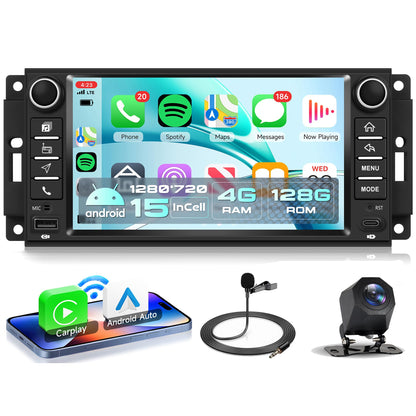 4Core 4G+128G Android 15 Car Stereo Radio for Jeep Wrangler JK 2007-2018/jeep Grand Cherokee/Commander/Compass, for Dodge Ram/Challenger(2009-2011) Wireless Carplay Android Auto GPS WiFi