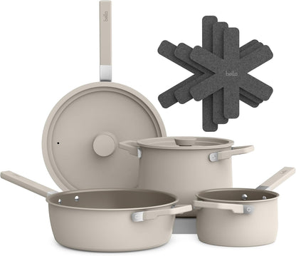 Bella 9-Piece Ceramic Nonstick Cookware Set - EverGood™ Coating, Dishwasher & Oven Safe, Oatmilk Color