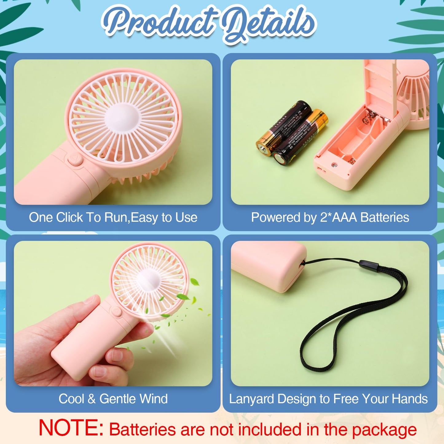 Woanger 60 Pack Mini Handheld Fan Bulk with Rope Hanging Portable Eyelash Fans Small Personal Cooling for Wedding Travel Makeup Camping Hiking Independent White Box (Beige Pink,Blue,Green)