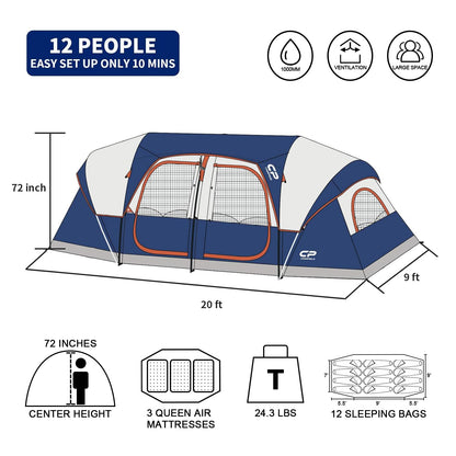 CAMPROS CP Tent 12-Person-Camping-Tents,3 Room Family Tents,Waterproof Windproof Family Tent with Top Rainfly,6 Large Mesh Windows,Double Layer,Easy Set Up, Portable with Carry Bag-20' x 9' x 72"(H)