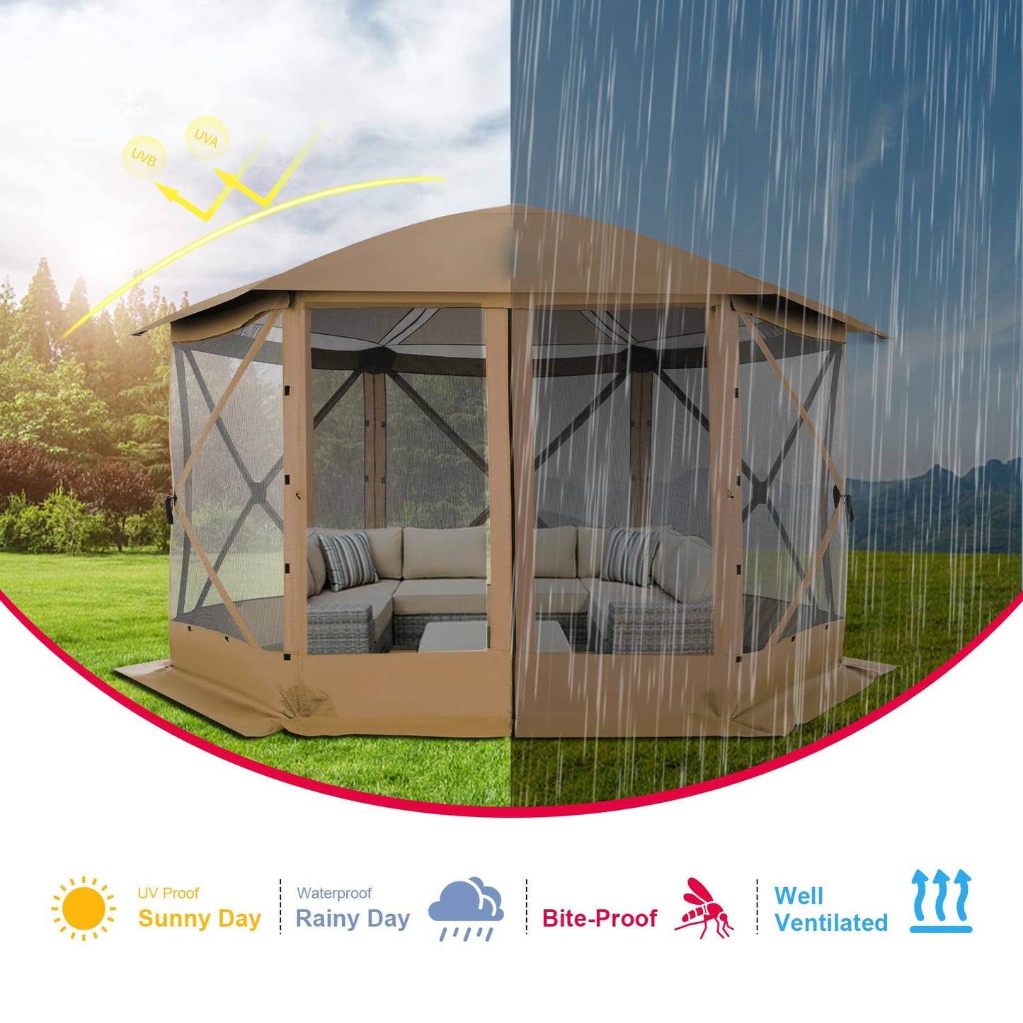 COBIZI 12x12 FT Pop Up Canopy Stargazing Tent, Gazebos On Clearance with Removable Roof, Screened in Gazebo, Screen Tents Portable carpas para Patio for Outdoor Camping,Backyard, Garden, Brown(Pro)