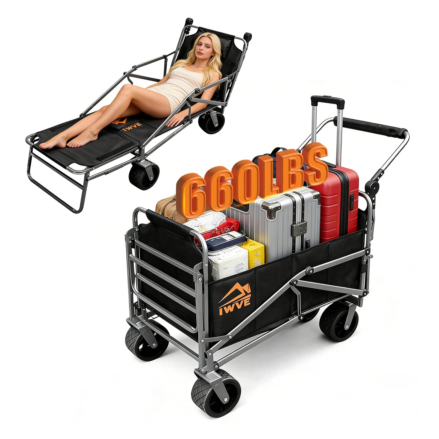 IWVE Heavy Duty Folding Wagon Cart 660 lb Capacity, 3-in-1 Collapsible Utility Wagon with Adjustable Handle and All-Terrain Wheels for Camping, Beach, Grocery, Outdoor Use