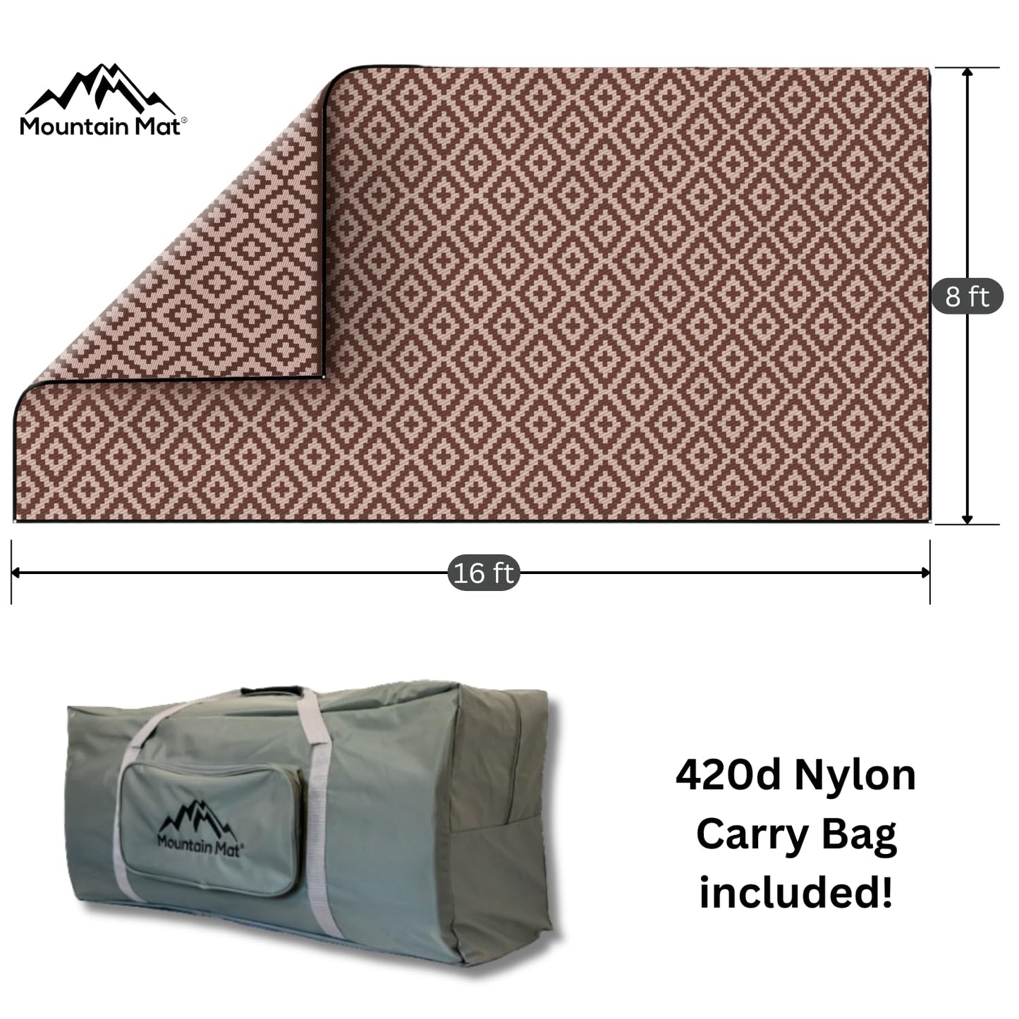 Mountain Mat Premium RV Patio Mat Size 8' x 16' Made from Recycled Plastic for Camping - Thick 5 mm Heavy Duty, Waterproof, Reversible Rugs Recycled Polypropylene (8' x 16', Brown Diamond)