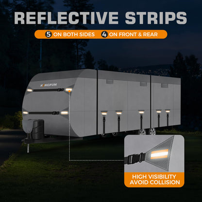 Kingfun Rv Cover Fits 27-30 Ft Travel Trailer Cover, Heavy Duty Camper Cover, with Windproof Straps, Gutter & Tongue Jack Covers, Utility Travel Trailer Cover for All Weather Protection