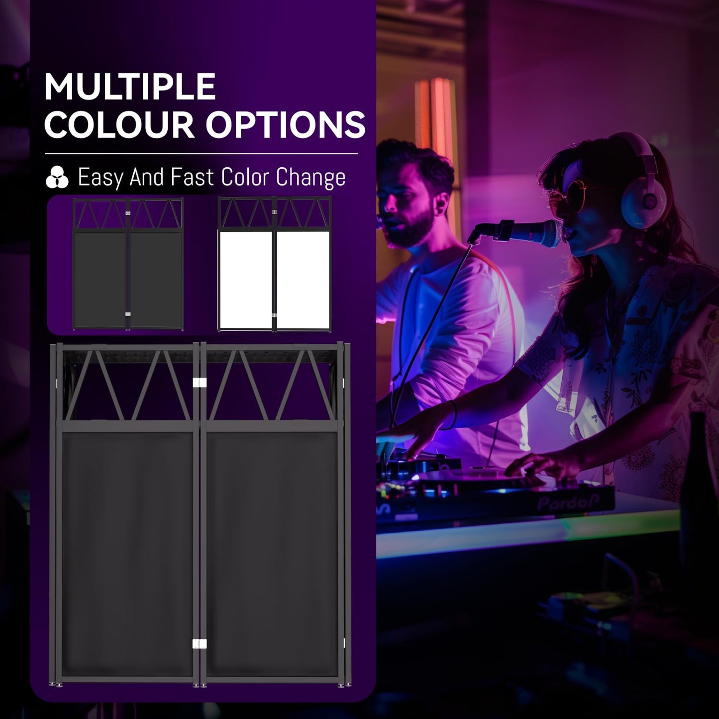 RDCMKL Two-Tier DJ Table Stand Portable Booth - 40" Dual-Layer Heavy Duty Metal DJ Stand with Laptop Shelf & 8 Scrims, Foldable DJ Event Facade with Adjustable Feet for Mobile DJ, Club, Weddings (Double Layer)