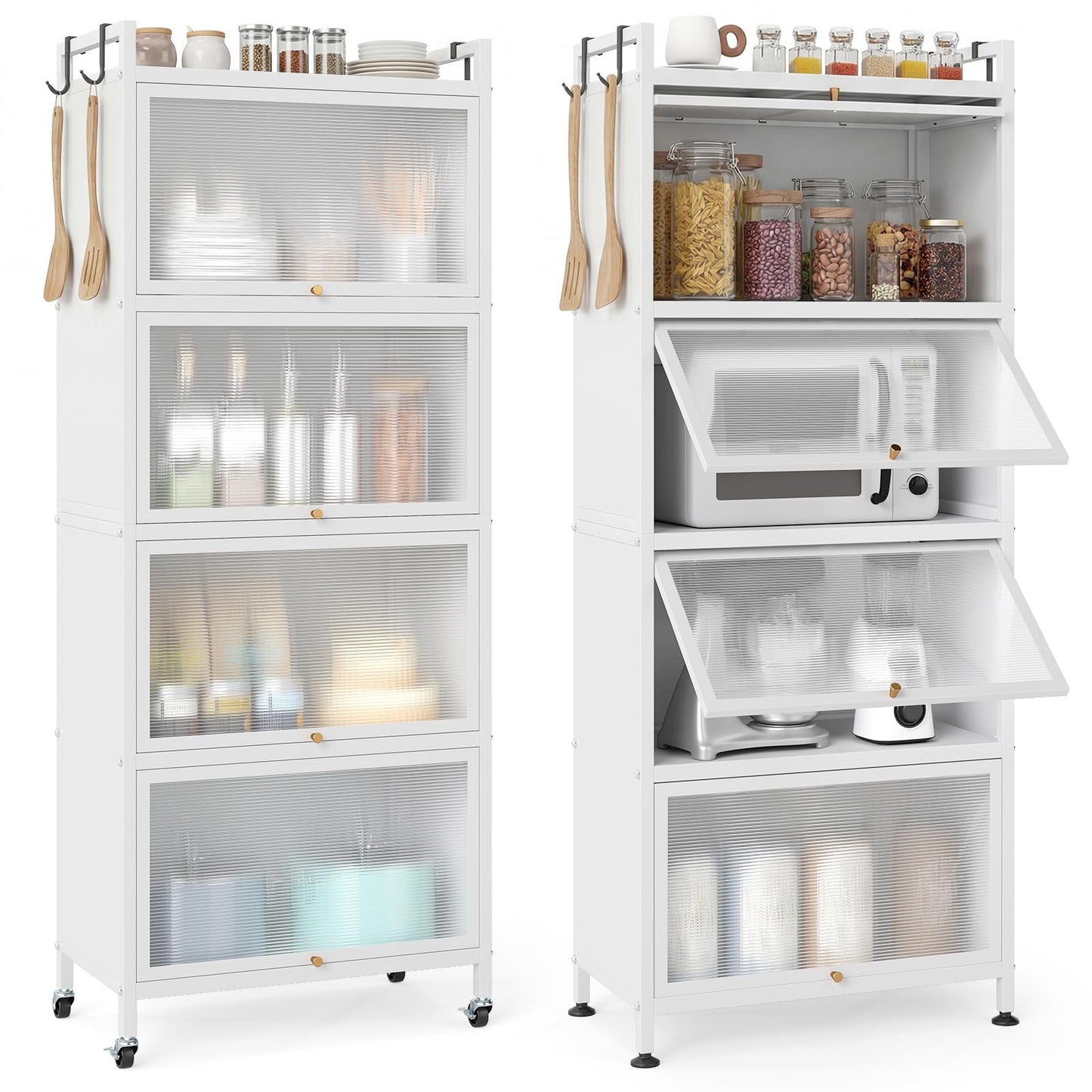 Giantex 5-Tier Kitchen Storage Cabinet, Mobile Microwave Stand with Flip-up PC Doors, Freestanding Kitchen Bakers Rack with 4 Rolling Casters, for Dining Room, Living Room and Study (White)