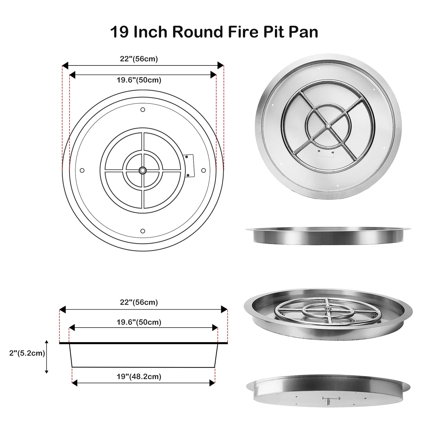 Stanbroil 19 Inch Drop-in Round Fire Pit Kit with Spark Ignition Kit, Propane Gas Version, 304 Stainless Steel