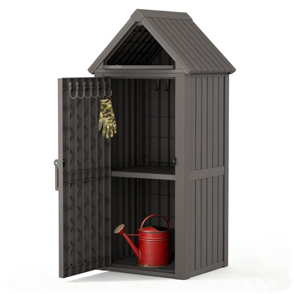 WTFGO Vertical Outdoor Storage Shed, Waterproof Resin Outdoor Storage Cabinet with Removable Shelves & 12 Hooks, Lockable Small Tool Shed for Garden, Backyard, Patio, Pool, Gray