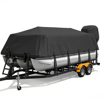 YimSting Pontoon Boat Cover 24-27 ft, 1200D Heavy Duty Waterproof Pontoon Cover with 18 Straps, Elastic Hem & Motor Cover, Fits 24 ft 25 ft 26 ft 27 ft Pontoon Boats Up to 8.5 ft Beam, Black
