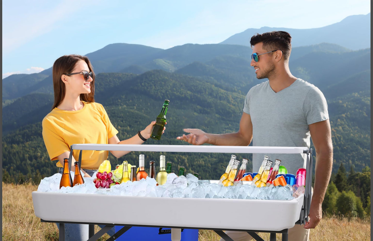 Nice C 4 ft Folding Ice Cooler Table, Party Cooler, Grazing Table, Tables with Drain, Bar Cooler Tables, with Matching Skirt, Storage Shelf (White)