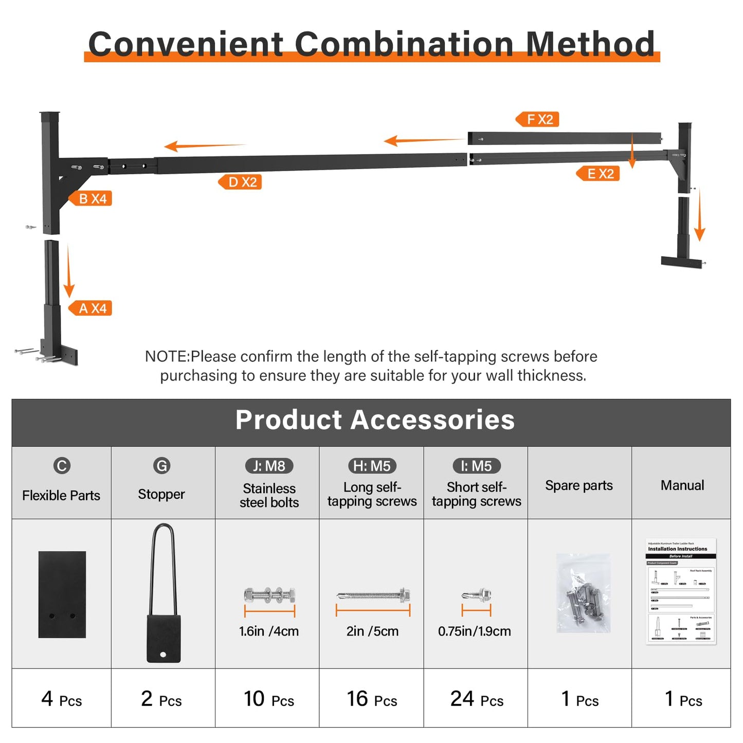 SMOQIO Trailer Ladder Rack Aluminium - 5.77'-8.65' Adjustable with Ladder Stoper, Black, Enclosed & Open Trailer Compatible