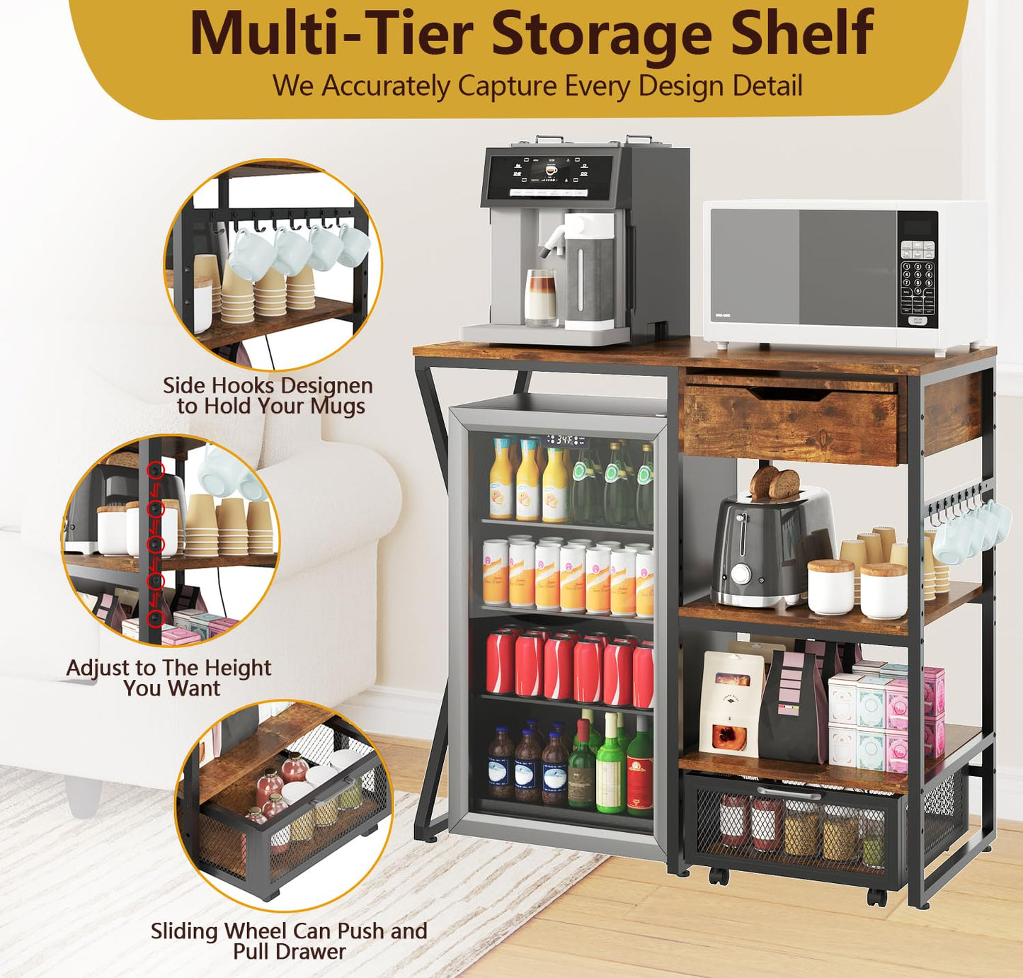 41.7in Mini Fridge Stand with Storage Shelf, 3-Tier Microwave Stand & Coffee Bar Organizer with Power Outlet, Basket, Pull-out Work Platform, 160LBS Sturdy Mini Fridge Shelf for Dorm, Apartment