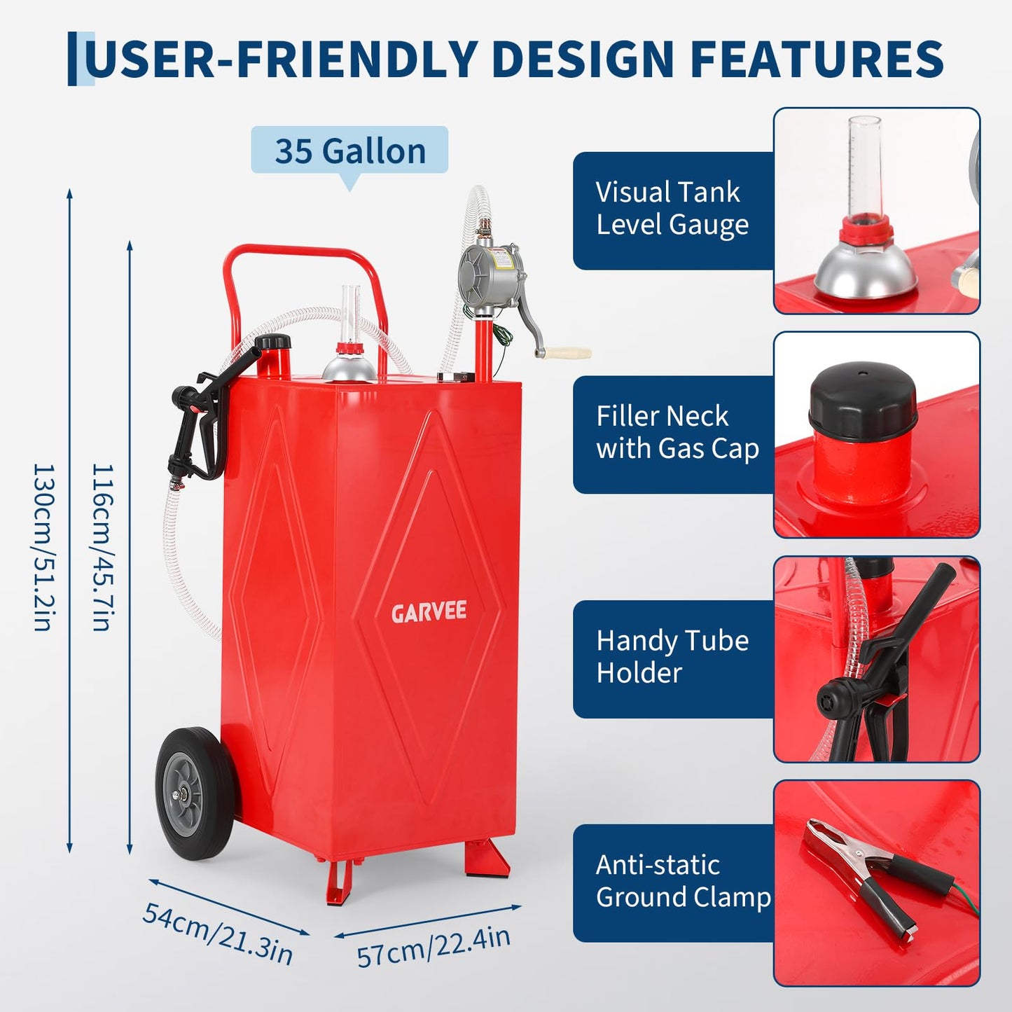 35 Gallon Fuel Gas Caddy Storage Tank, Portable Gas Caddy w/ Wheels, Reversible Manual Hand Pump & Fuel Hose, Anti-Static Grounding Clamp, Vent/Level Gauge, Wide Fill Neck, Gasoline/Diesel Transfer for ATV, Car, Mower, Tractor, Boat