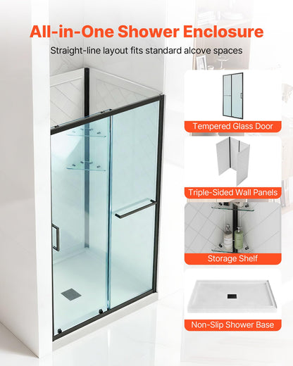 VEVOR Shower Enclosure, 36 in. D x 48 in. W x 79.1 in. H, Framed Sliding Shower Door with 1/4 in. Clear Tempered Glass, Complete Bathroom Alcove Stall with Non-Slip Base Kit & Triple-Sided Wall Panels
