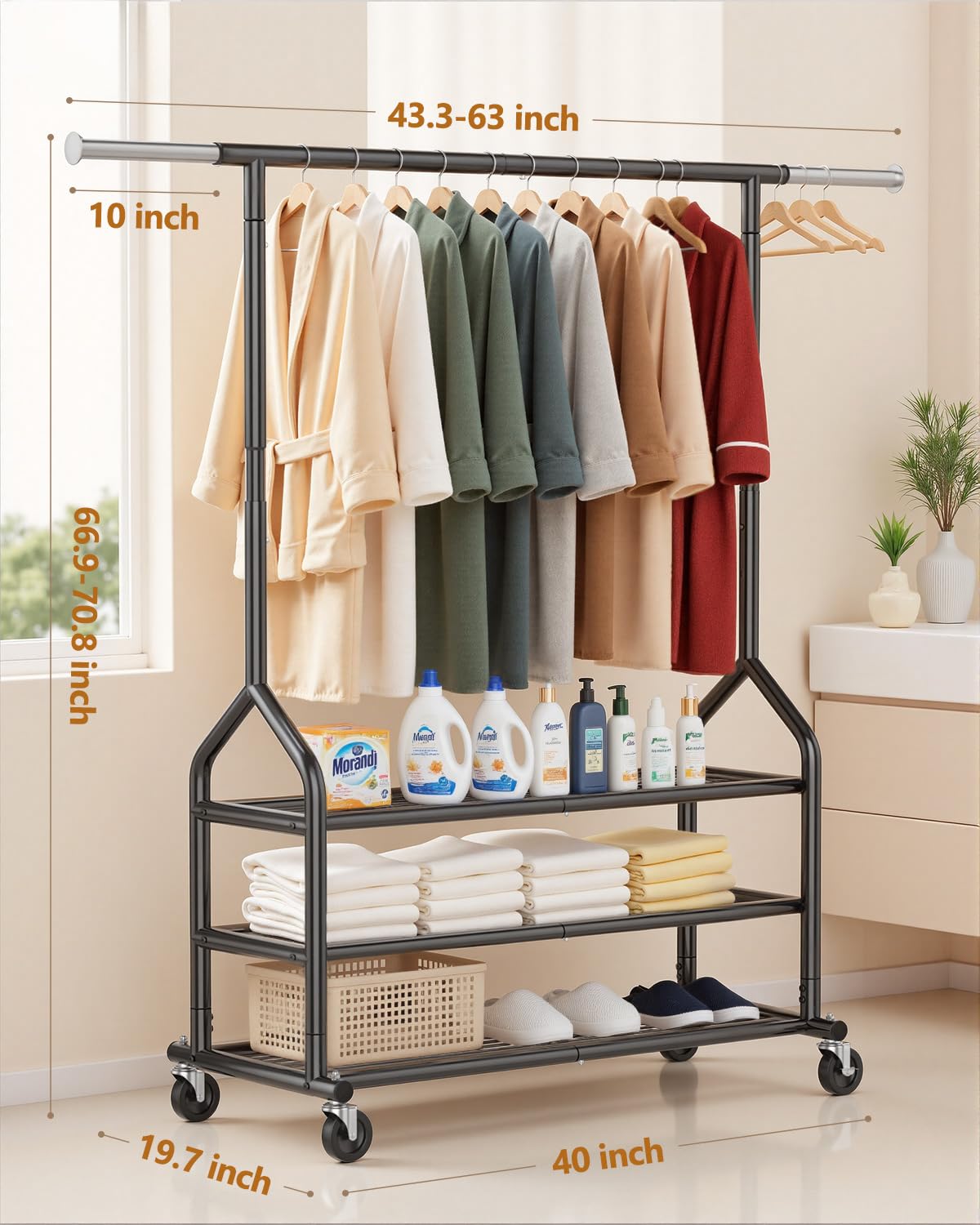 EAGMAK Heavy Duty Clothes Rack Load 686 LBS, Rolling Clothing Rack with 3 Shelves, Height Adjustable Metal Coat Racks, Portable Garment Closet Wardrobe Organizer with Wheels for Hanging Clothes, Black