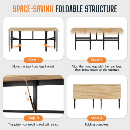 SPECRAFT 60" Folding Workbench, Adjustable Foldable Workbench with 2000 LBS Capacity, 30.7"-40" Height, Rubber Wood Top for Garage, Workshop, Office
