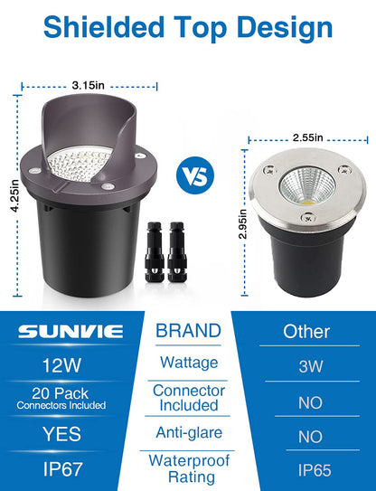 SUNVIE 12W Landscape LED Well Lights, Waterproof, 12V-24V, Aluminum, White, Model MDWL12B02C, 2 Pack with Connectors