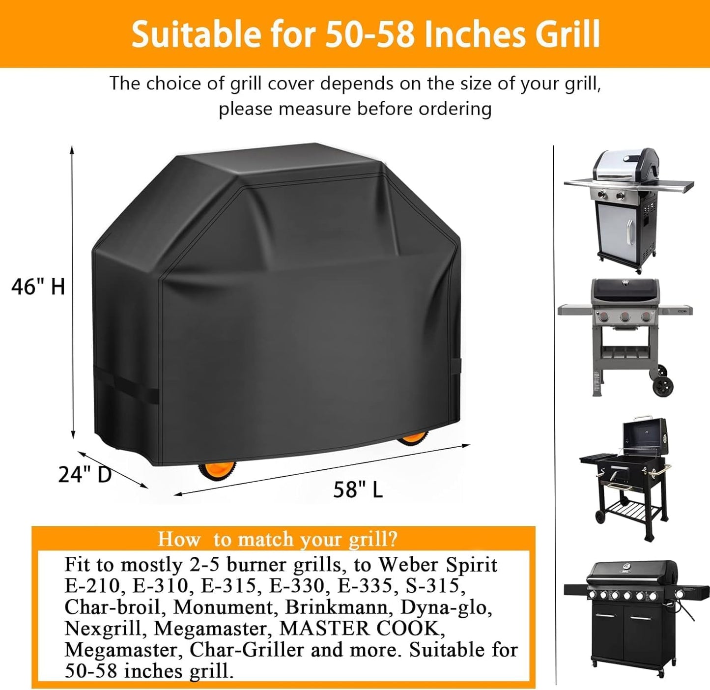 Aoretic BBQ Grill Cover - 58 Inch Waterproof & UV-Resistant for Weber, Char-Broil, Dyna-Glo