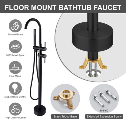 Taplong Matte Black Freestanding Tub Filler Faucet, Floor Mount Bathtub Faucet with Single Handle Handheld Shower, High Flow Bathroom Tub Faucet-51005B